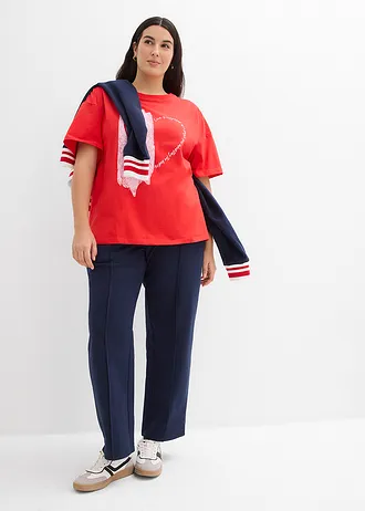 Oversized shirt van een elastische katoenmix, Kleur: aardbeirood-kristalroze met print