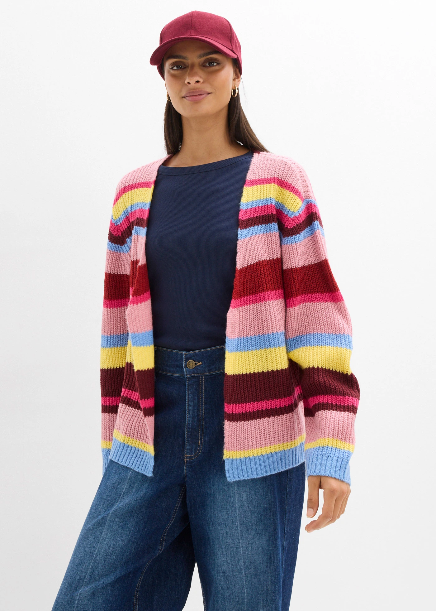 Oversized vest met wol • middenblauw-rookorchidee-pinklady-esdoornrood-lichtgeel horizontaal gestreept • bonprix online shop