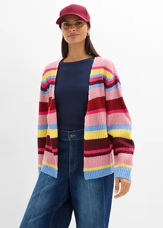 Oversize pletený kabátek s podílem vlny, barva: pinklady s proužky