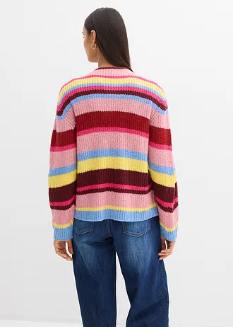 Oversize pletený kabátek s podílem vlny, barva: pinklady s proužky