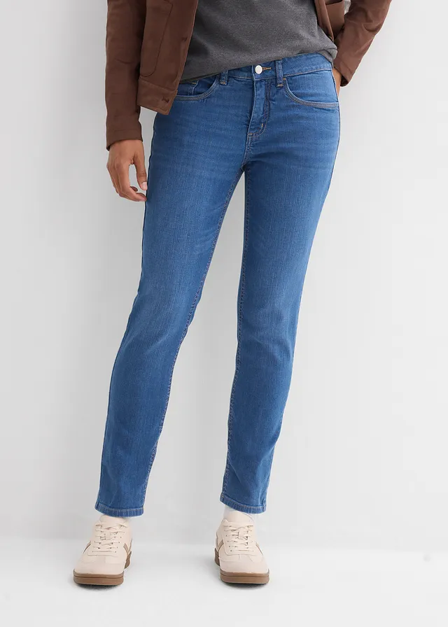 Slim fit jeans, mid waist, biologisch katoen, Kleur: blauw denim used