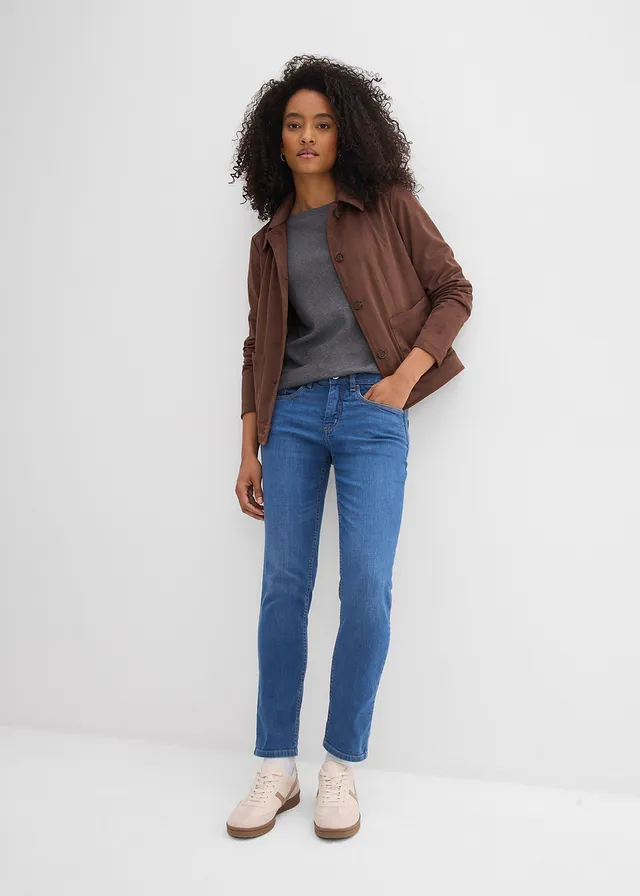 Jean slim taille mi-haute, Couleur: bleu denim used