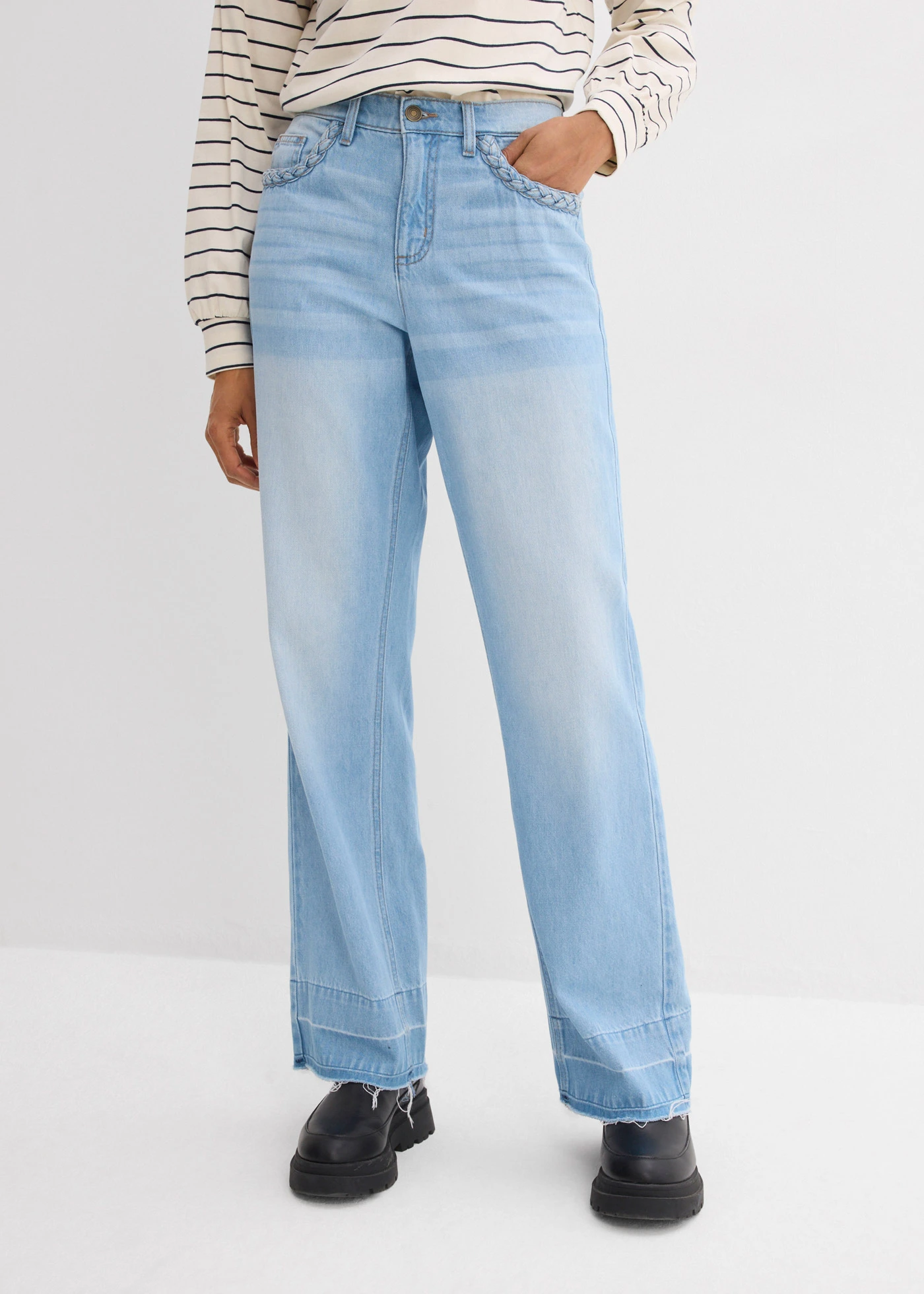 Wide leg jeans van katoen, mid waist • lichtblauw denim used • bonprix online shop