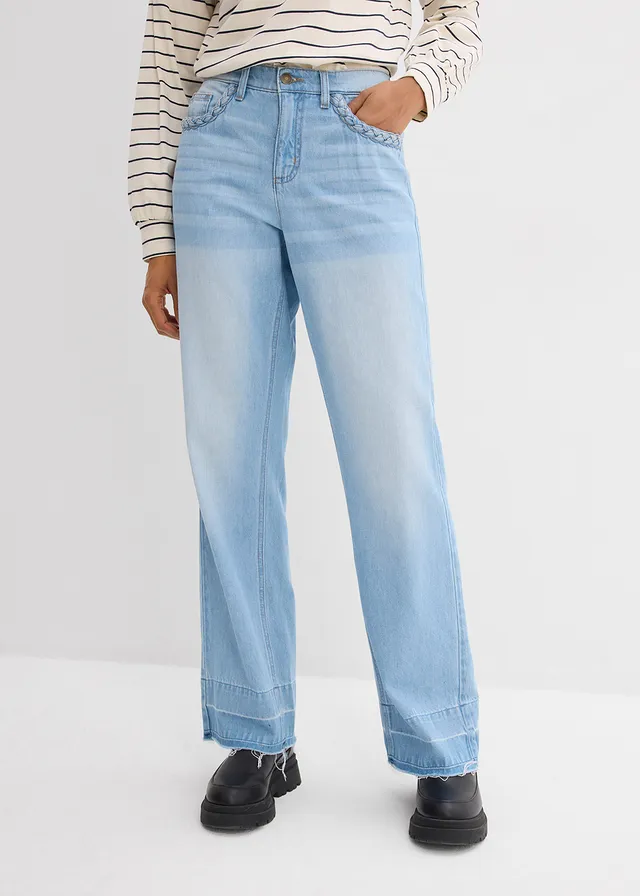 Jean large taille mi-haute, 100% coton, Couleur: bleu clair denim used