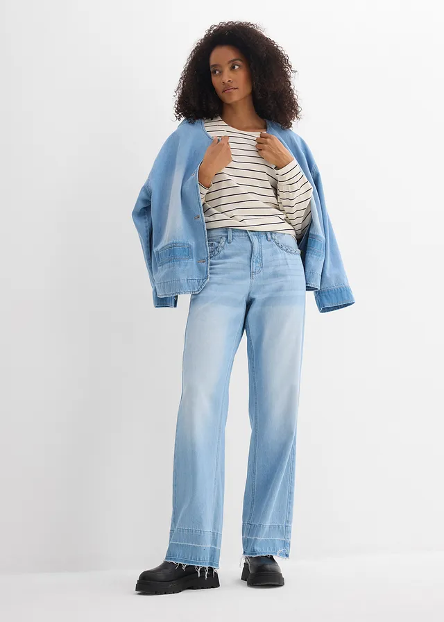 Wide leg jeans van katoen, mid waist, Kleur: 