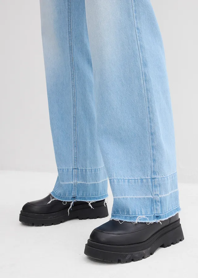 Dżinsy wide leg, mid waist, z bawełny • jasnoniebieski denim "used" • sklep bonprix