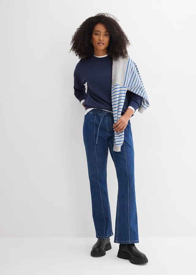Mid waist bootcut jeans met comfortabele band, Kleur: blauw denim used