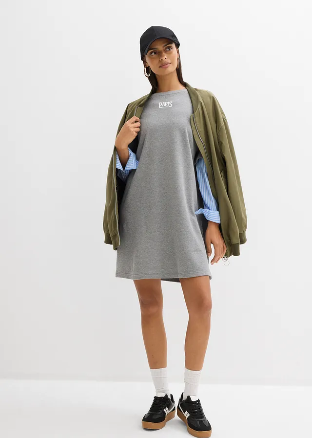 Robe sweat oversize à manches chemise, Couleur: gris chiné-bleu moyen-blanc