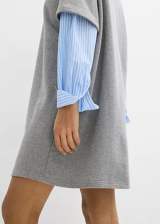 Robe sweat oversize à manches chemise • gris chiné-bleu moyen-blanc • Boutique bonprix