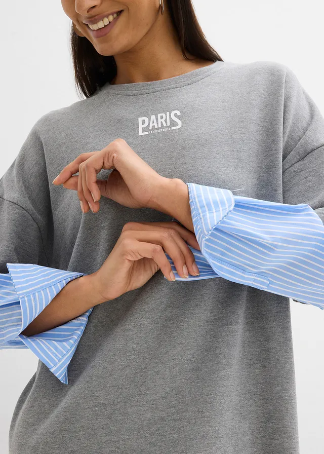 Robe sweat oversize à manches chemise • gris chiné-bleu moyen-blanc • product-page.page-title-suffix