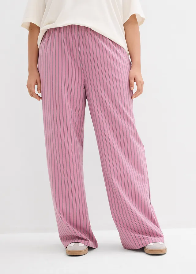 Pantalon fluide à taille élastiquée, Couleur: mauve-blanc-bleu foncé rayé
