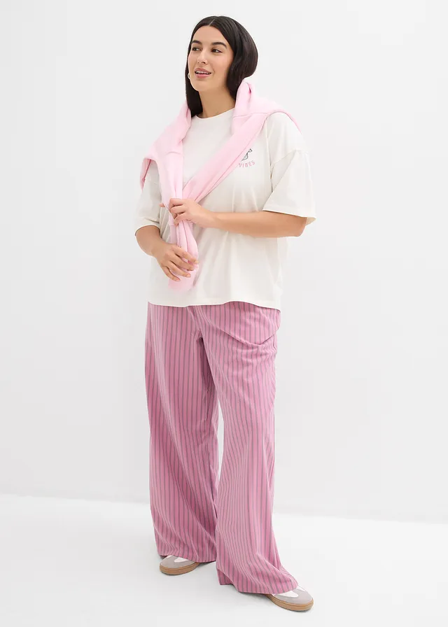 Pantalon fluide à taille élastiquée, Couleur: mauve-blanc-bleu foncé rayé