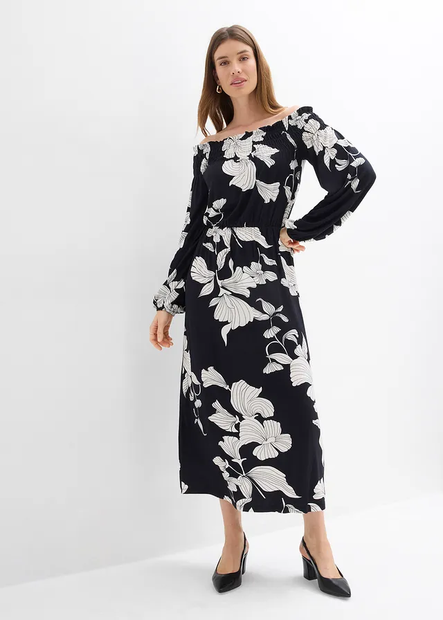 Carmen jurk in een zachte viscosemix, Kleur: zwart gebloemd