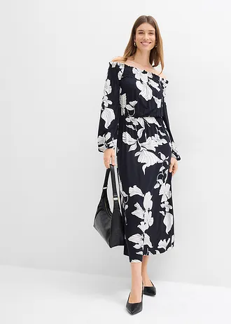 Robe à col Bardot en jersey viscose • noir floral • Boutique bonprix