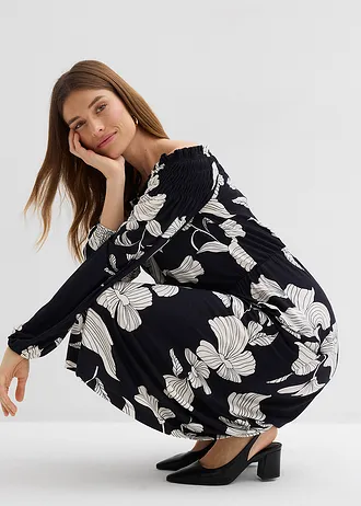 Robe à col Bardot en jersey viscose • noir floral • Boutique bonprix