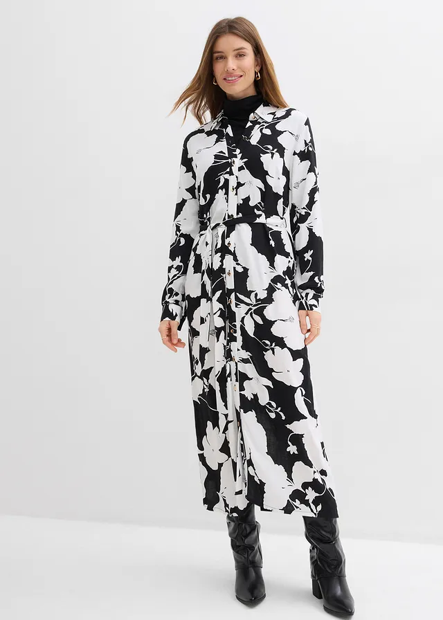 Robe-chemise en viscose fluide, Couleur: noir-blanc floral
