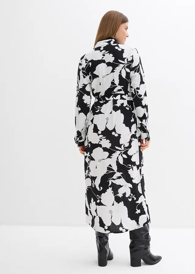 Robe-chemise en viscose fluide, Couleur: noir-blanc floral