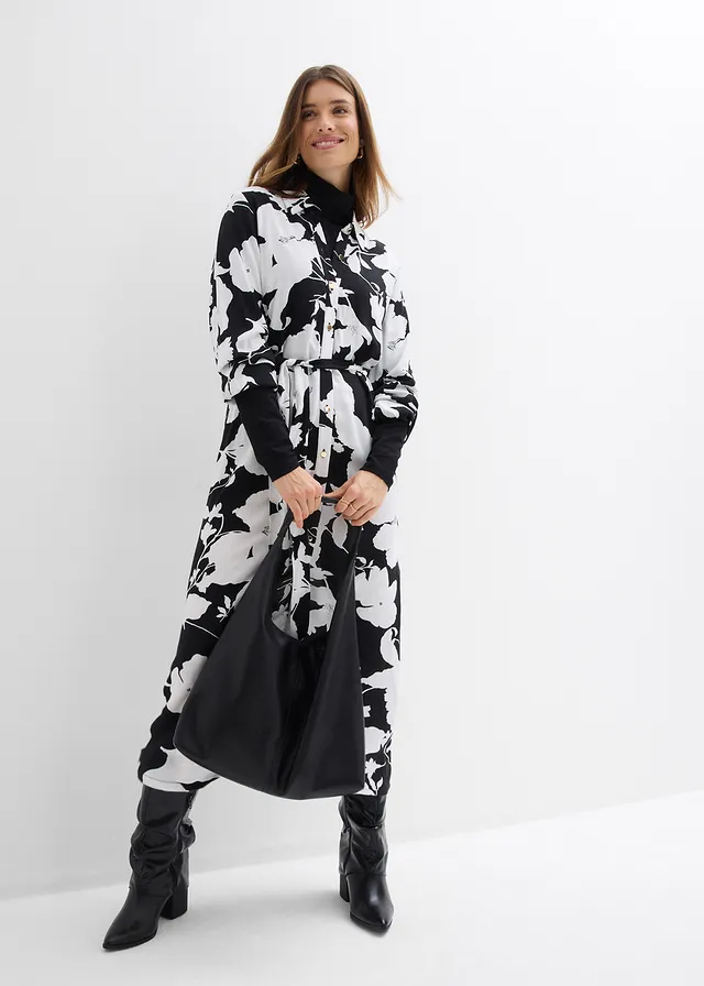 Rochie-bluză din viscoză fluidă, culoare: negru-alb înflorat