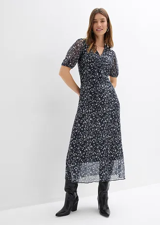 Jersey jurk van fijn mesh, Kleur: zwart/wolwit gebloemd