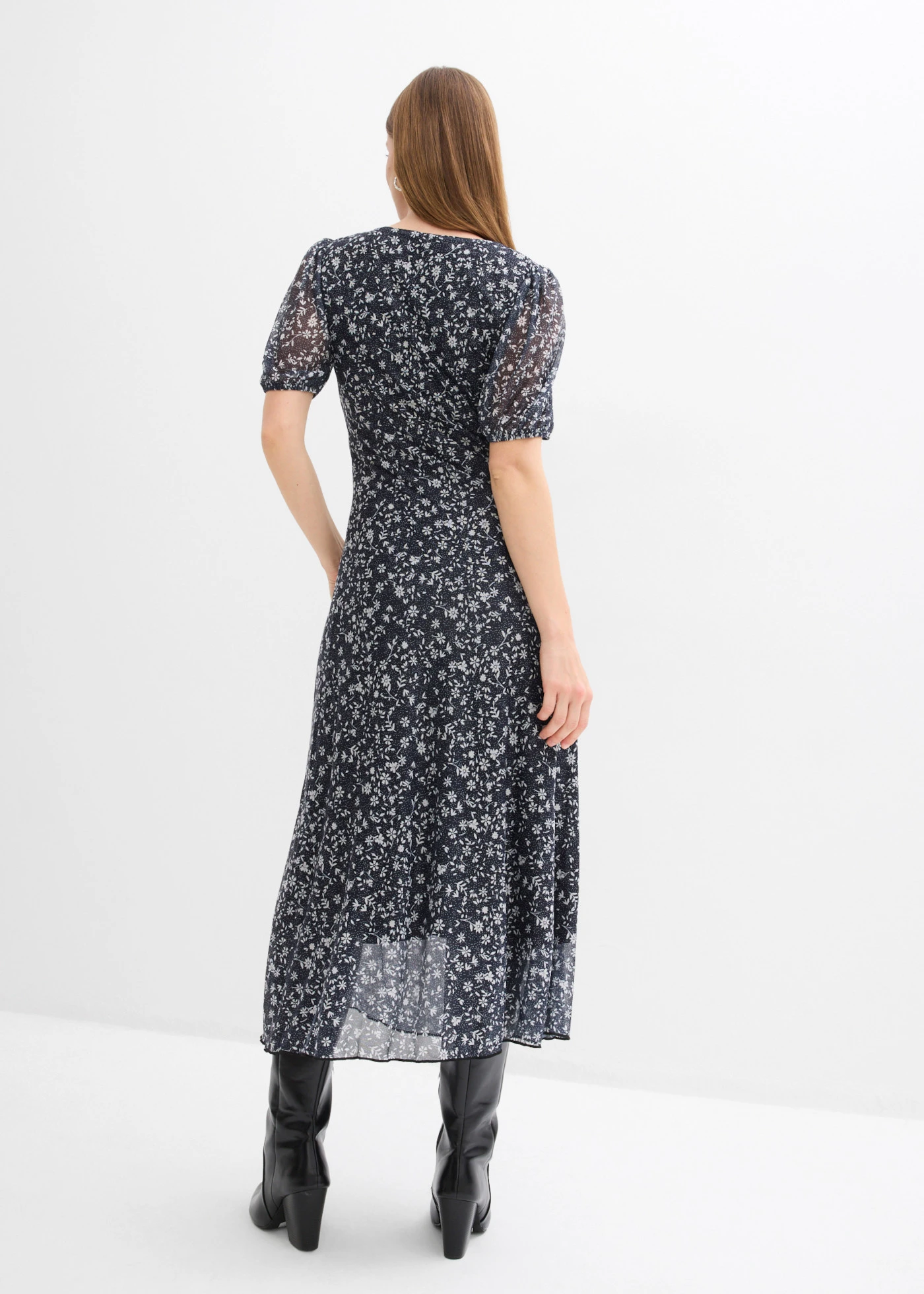 Rochie din jerse din mesh fin • negru-ecru floral • magazin bonprix