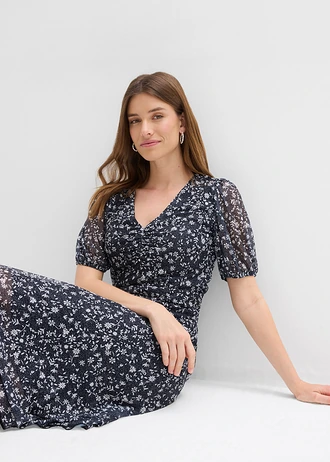 Rochie din jerse din mesh fin • negru-ecru floral • magazin bonprix