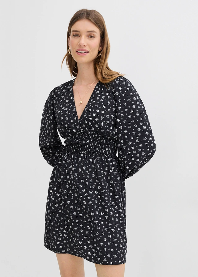 Robe courte à manches bouffantes, Couleur: noir-blanc imprimé