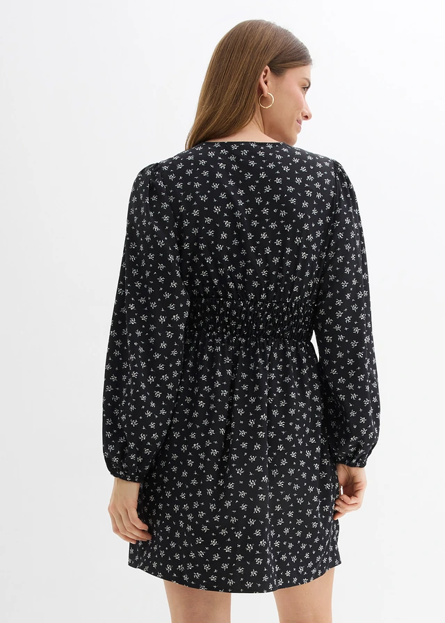 Mini jurk met pofmouwtjes, Kleur: zwart/wit gedessineerd