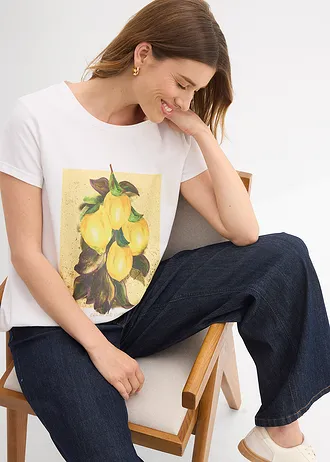 T-shirt en coton extensible • blanc imprimé • Boutique bonprix