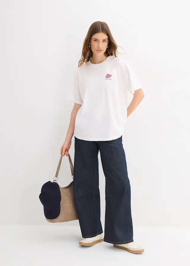 Bluză oversize din bumbac organic 100% • alb cu imprimeu • magazin bonprix