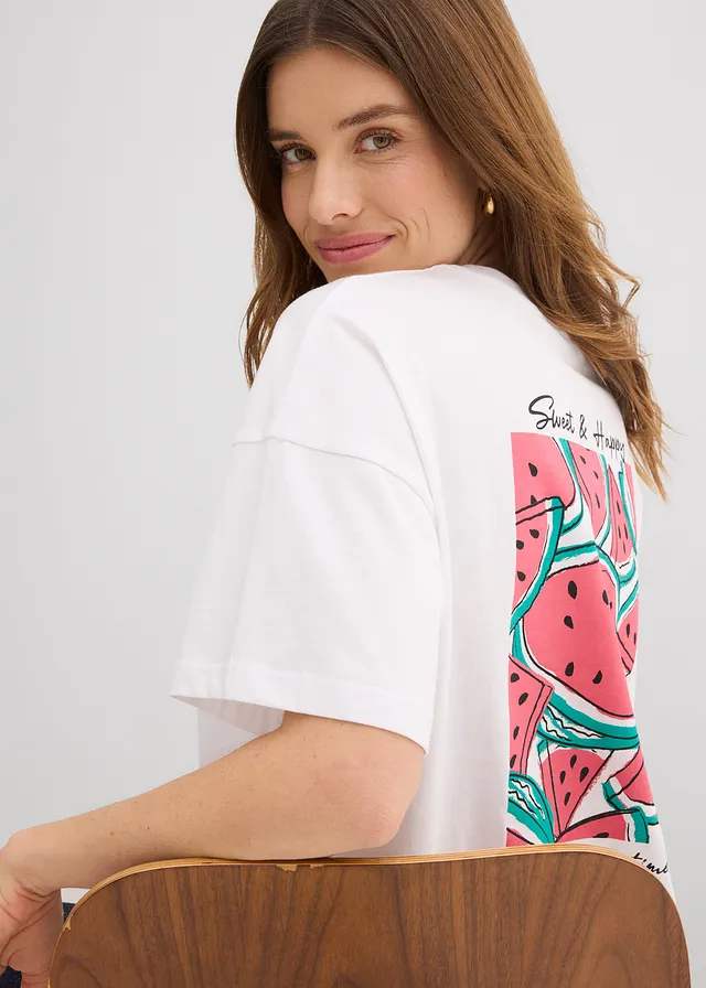 Bluză oversize din bumbac organic 100% • alb cu imprimeu • magazin bonprix