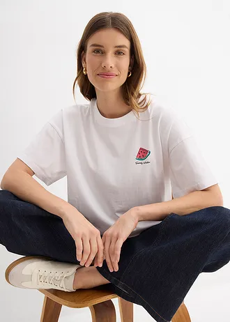 T-shirt oversize z czystej bawełny organicznej • biały z nadrukiem • sklep bonprix