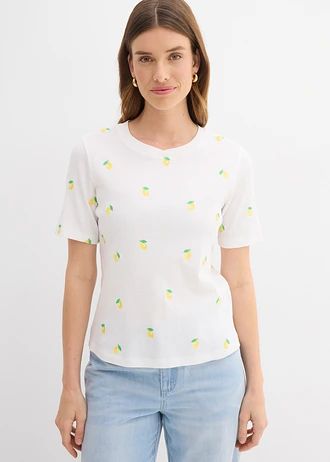 T-shirt w prążek z czystej bawełny organicznej zdobiony haftem • biały • sklep bonprix