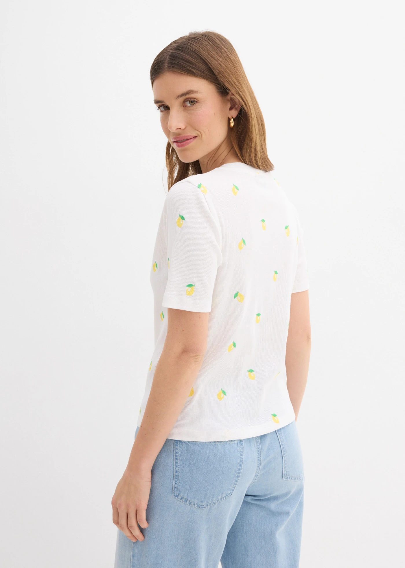 T-shirt w prążek z czystej bawełny organicznej zdobiony haftem • biały • sklep bonprix