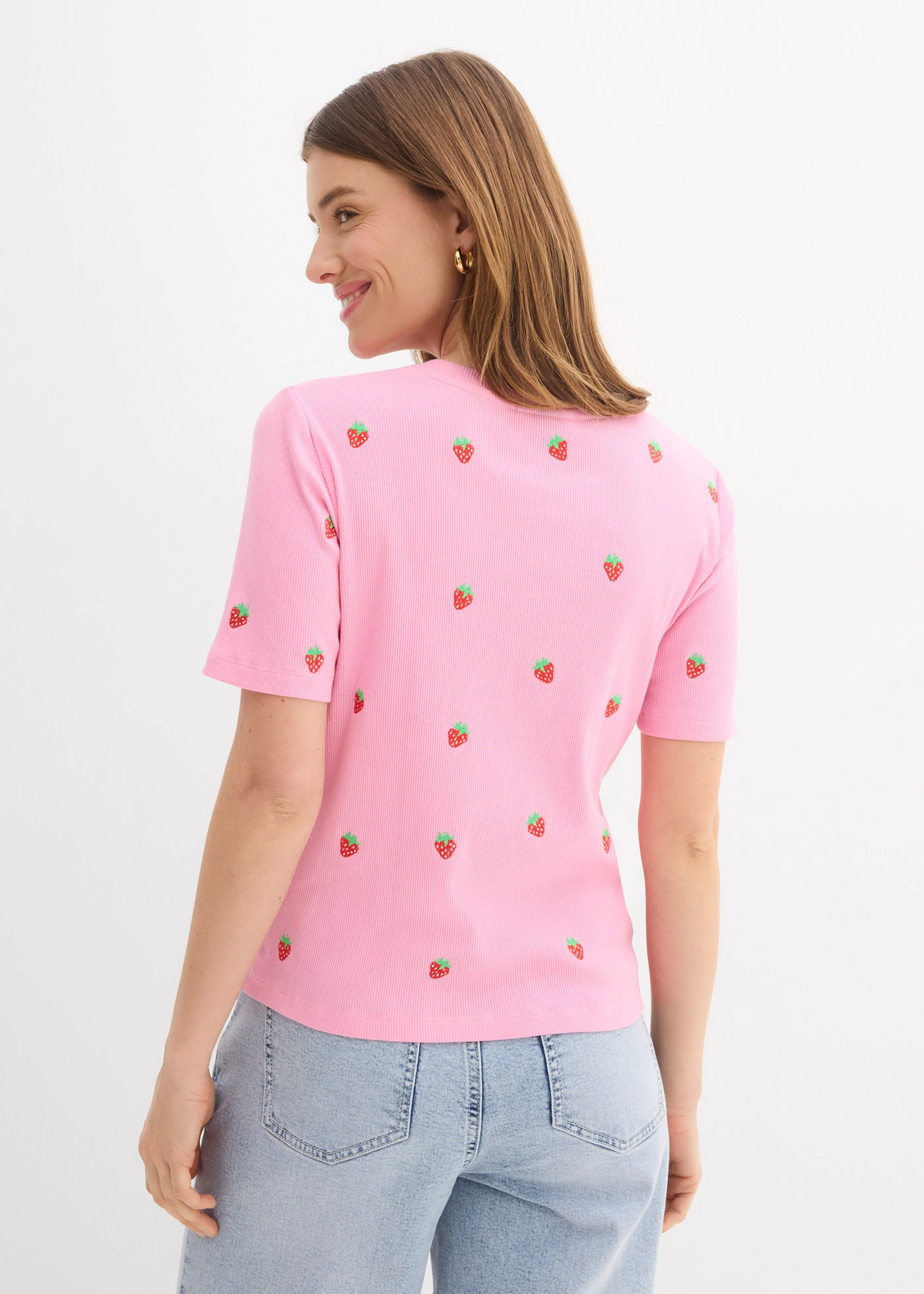 Geribd shirt met borduursel van puur biologisch katoen • roze • bonprix online shop