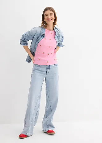 T-shirt côtelé et brodé 100% coton • rose • Boutique bonprix