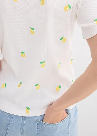 T-shirt côtelé et brodé 100% coton • blanc • Boutique bonprix