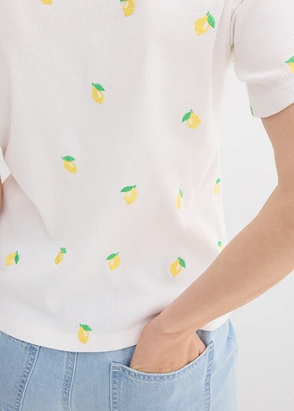 T-shirt w prążek z czystej bawełny organicznej zdobiony haftem • biały • sklep bonprix