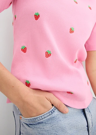 T-shirt w prążek z czystej bawełny organicznej zdobiony haftem • jasnoróżowy • sklep bonprix