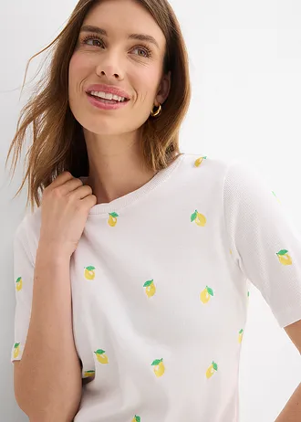 T-shirt côtelé et brodé 100% coton • blanc • Boutique bonprix