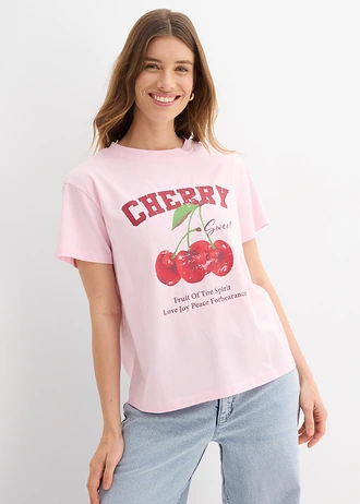 T-shirt z nadrukiem z czystej bawełny organicznej • jasnoróżowy kryształowy • sklep bonprix