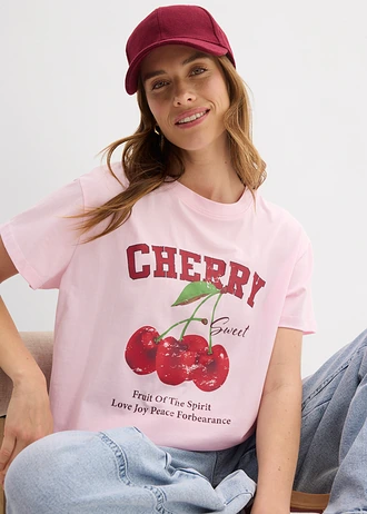 T-shirt z nadrukiem z czystej bawełny organicznej • jasnoróżowy kryształowy • sklep bonprix