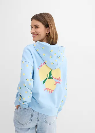 Sweat large à capuche 100% coton, Couleur: bleu clair-jaune clair imprimé