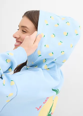 Wijde hoodie van biologisch katoen • lichtblauw-lichtgeel met print • bonprix online shop
