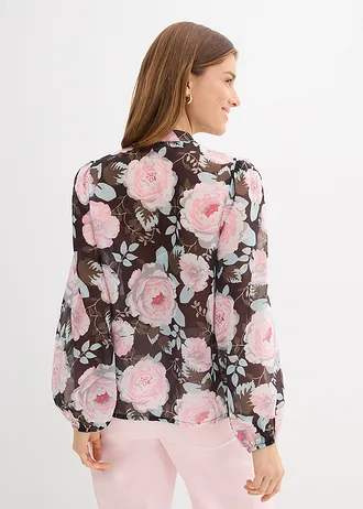 Blouse met strik, Kleur: zwart gebloemd