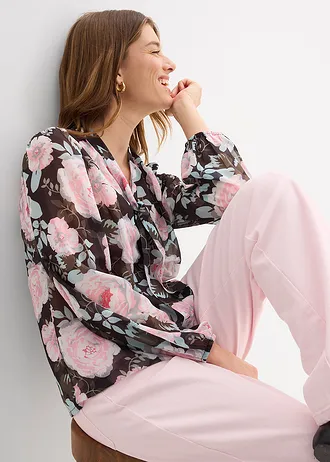 Blouse met strik • zwart gebloemd • bonprix online shop
