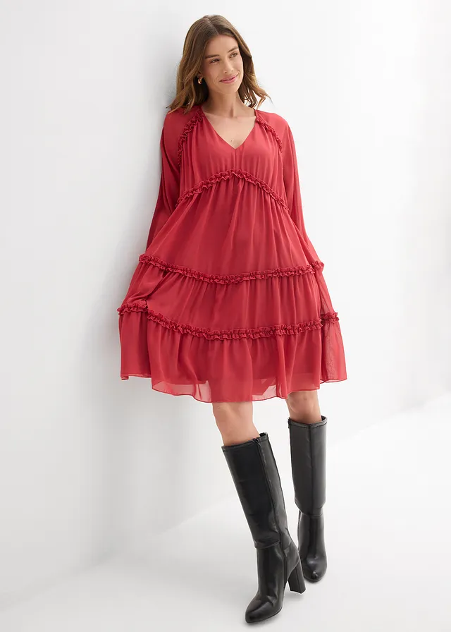 Rochie-tunică din șifon texturat • roșu-cireașă • magazin bonprix