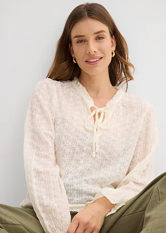 T-shirt à dentelle et manches ballon • ecru • Boutique bonprix