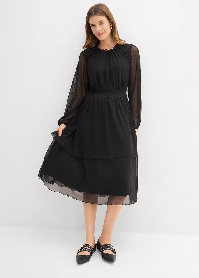 Robe en jersey et mesh fin, Couleur: noir