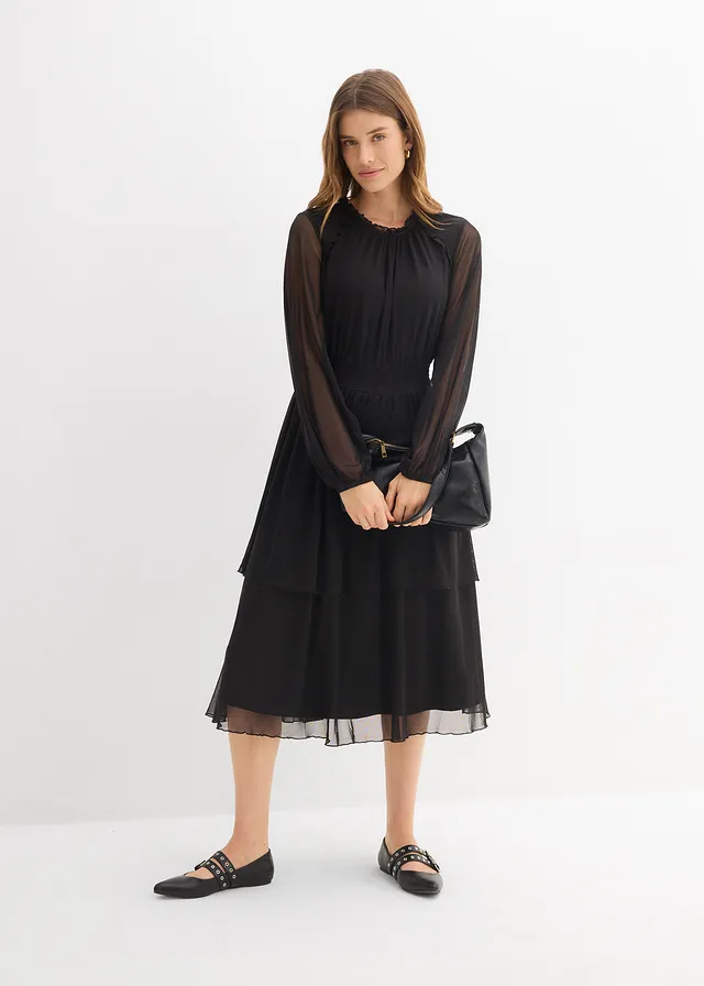 Robe en jersey et mesh fin, Couleur: noir