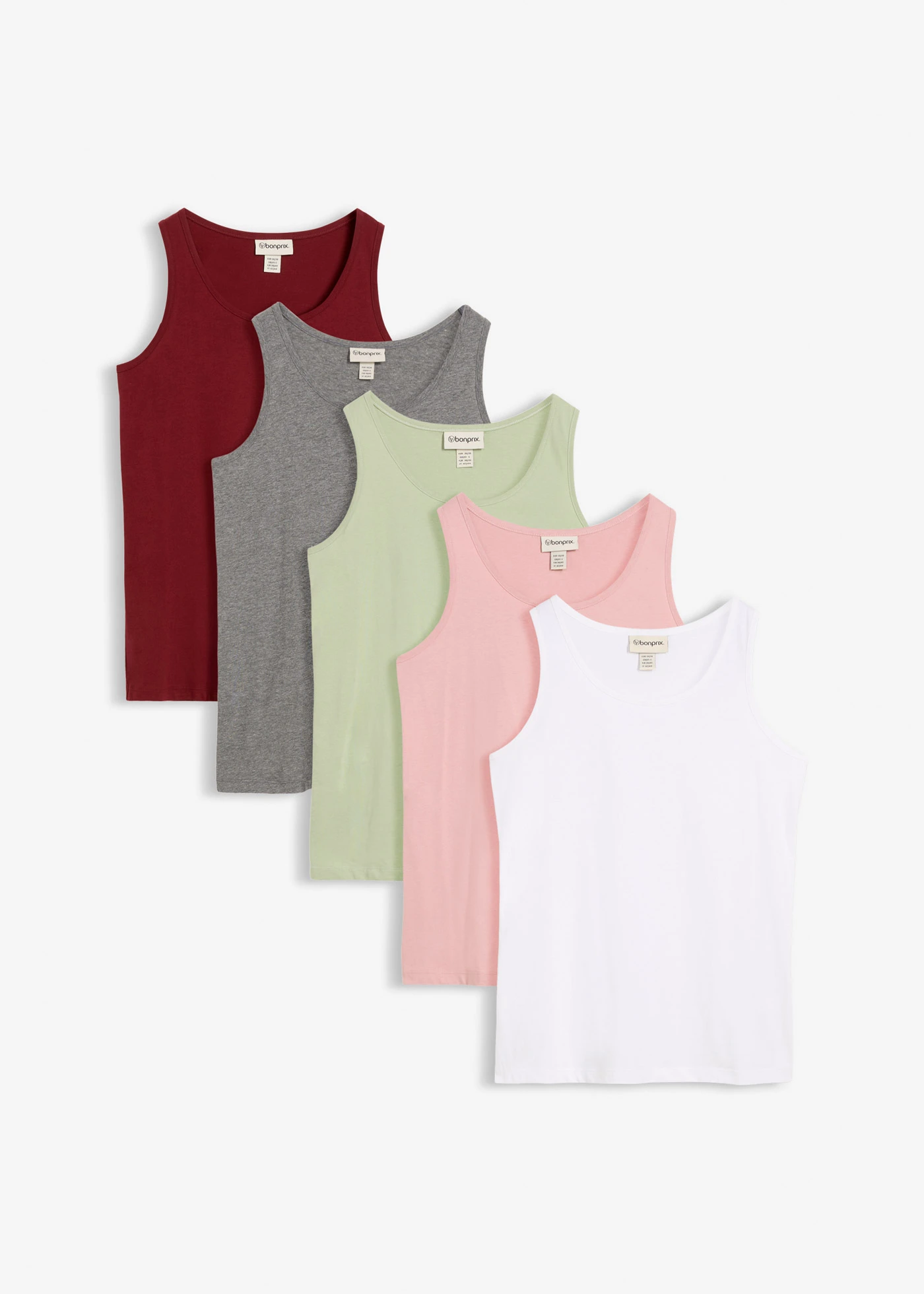 Maiou lung din bumbac 100% (set/5 buc.) • verde pal+roşu rubiniu+gri melanj+roz cenuşiu+alb • magazin bonprix